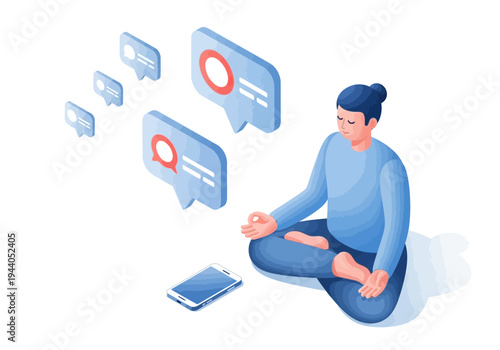 Man Meditating Calmly, Ignoring Digital Notifications and Social Media Buzz