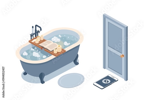 Relaxing bath with book and candles next to a closed door and a phone on the floor