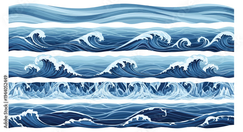 Majestic waves crashing against a serene coastal landscape under a cloudy sky Vector