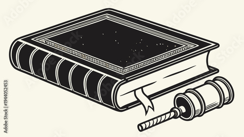 A black and white vector illustration of a law book with a gavel