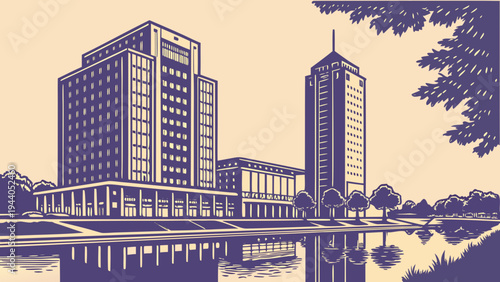 A minimalist vector illustration of a cityscape with modern buildings and a serene waterfront