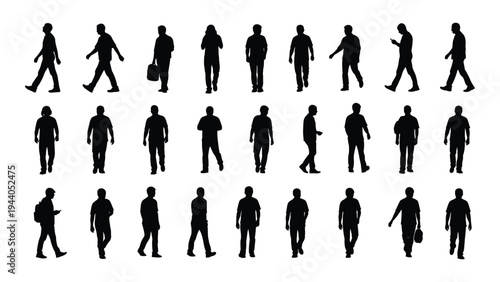 Collection of diverse human silhouettes in various poses and attire walking or standing