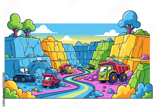 Cartoon quarry scene with colorful excavators and dump trucks working together