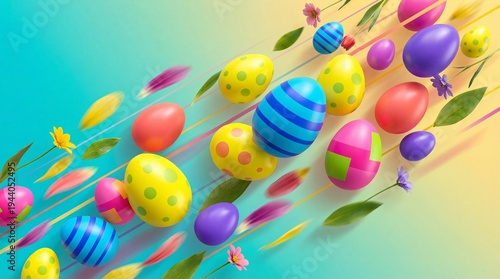 Colorful decorated Easter eggs and flowers on vibrant background  