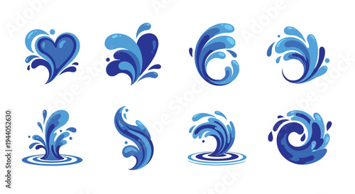 Collection of elegant stylized water and heart wave icons in vibrant blue tones Vector