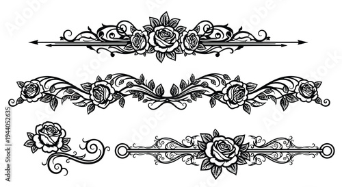 Elegant black and white decorative floral border designs with intricate patterns Vector