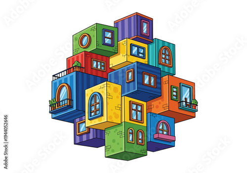 Whimsical stacked colorful building blocks forming a unique abstract architectural structure