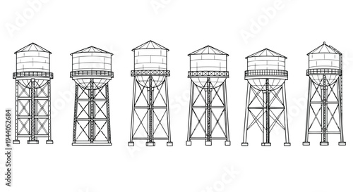 Historical evolution of water tower architectural designs across different eras Vector