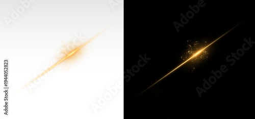 light line, glow, shine, abstract gold effect, gold highlights and bokeh on a black background, golden star, bright horizontal rays. PNG