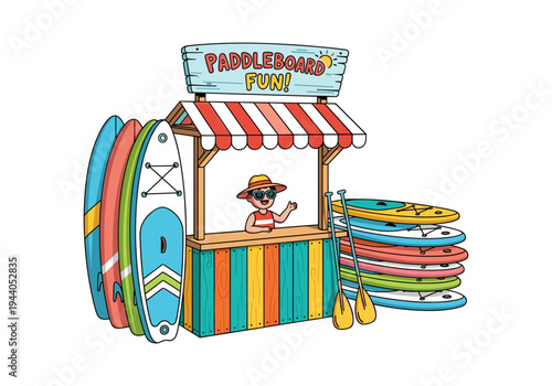 Paddleboard fun stand with colorful boards and a friendly vendor waving hello