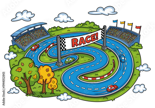 Cartoon race track with cars, grandstands, and a finish line banner saying Race!