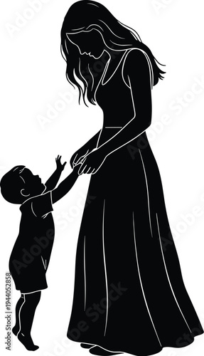 Black and white silhouette of woman holding child’s hands, symbolizing maternal love, guidance, connection, care, family bond, and affection