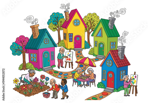 Seniors enjoying various hobbies and activities in a colorful, whimsical village setting