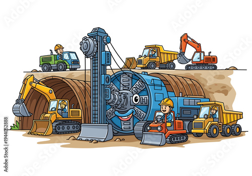 Cartoon construction site with tunnel boring machine and heavy machinery at work