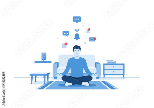 Modern man meditating peacefully to escape digital distractions, with notifications floating above his head