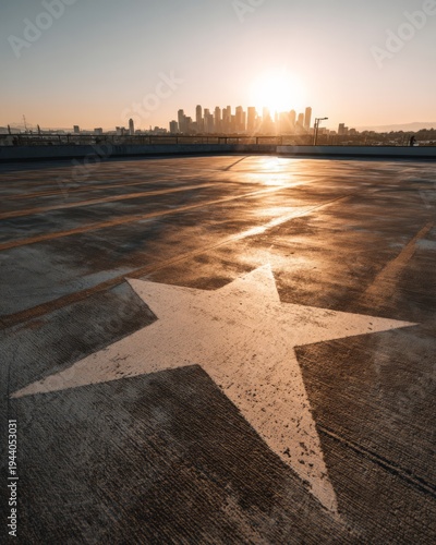 Urban rooftop concrete with star icon representing achievement recognition and success