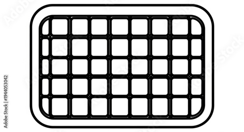 Black metal grill with rounded corners on white background.