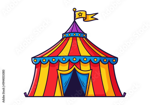 Colorful striped circus tent with a flag on top and an open entrance