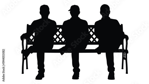Three silhouetted men sitting on a bench in a row, engaged in conversation, friendship and camaraderie concept, isolated on white background