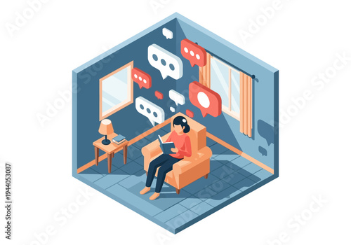 Woman sitting in armchair reading a book surrounded by social media icons and messages