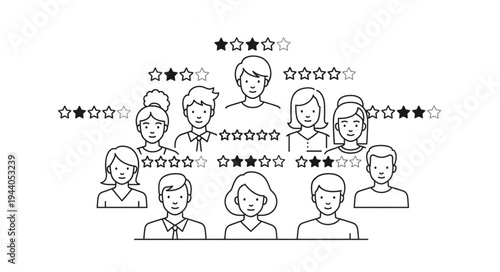 Group of diverse people with star ratings above their heads.
