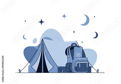 Camping and Backpacking Adventure Under the Night Sky with Tent and Gear