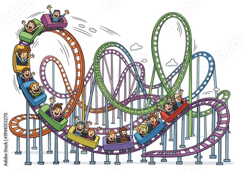 Excited people enjoying a thrilling ride on a colorful roller coaster at an amusement park