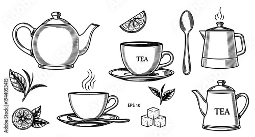 Vintage tea icon set teapot cup lemon sugar leaves vector illustration EPS 10