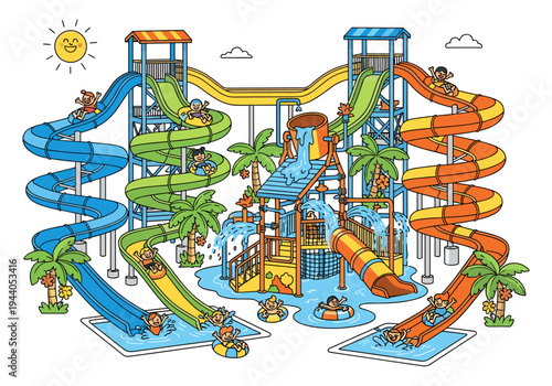 Vibrant cartoon water park with colorful slides and happy children enjoying summer fun