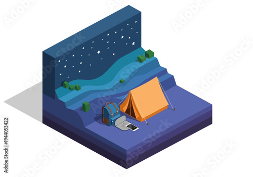 Isometric outdoor campsite illustration with tent, backpack, and starry night sky
