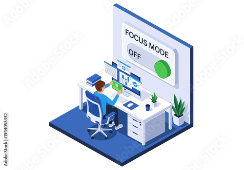 Man working on computer with focus mode on a desk with multiple monitors and plants