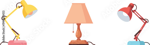 Modern desk lamps vector set, including classic table lamp and adjustable task lights, isolated flat illustration for home office lighting design collection