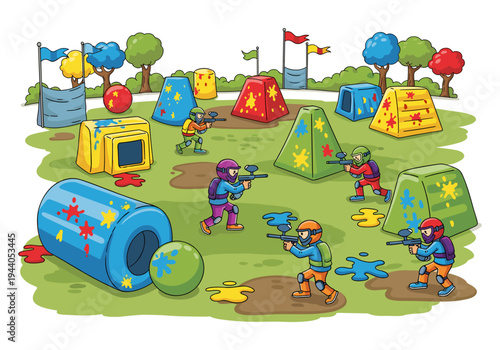 Cartoon paintball players in protective gear aiming their markers on a grassy field