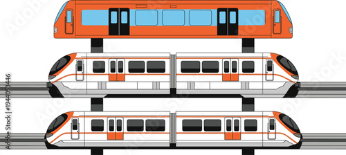 Modern metro and high speed trains vector illustration set with subway carriage and railway transport side view design
