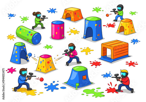Cartoon paintball players with colorful obstacles and paint splatters on white background