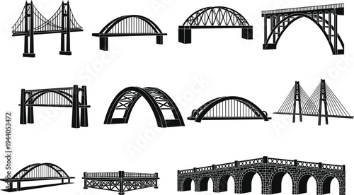 Silhouette bridge collection illustration, civil engineering design, architectural structures, suspension arch truss cable-stayed bridges, transport infrastructure artwork, vector drawing