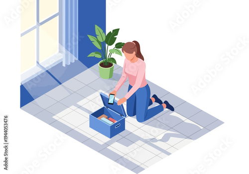 Woman organizing items in a storage box on the floor in a sunlit room