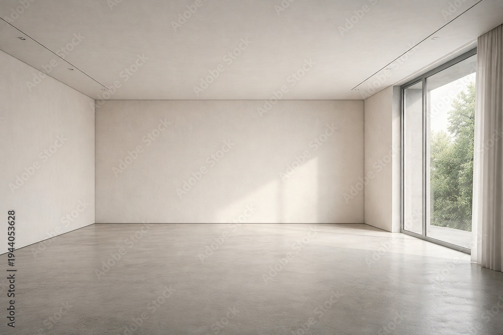 Fototapeta premium Minimal Modern Interior with Large Blank Wall and Floor to Ceiling Window for Real Estate or Product Advertising