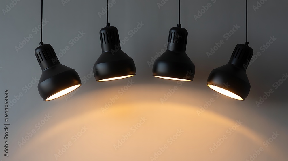 Obraz premium Four black industrial pendant lights hanging from ceiling casting warm light downwards creating a bright illuminated area