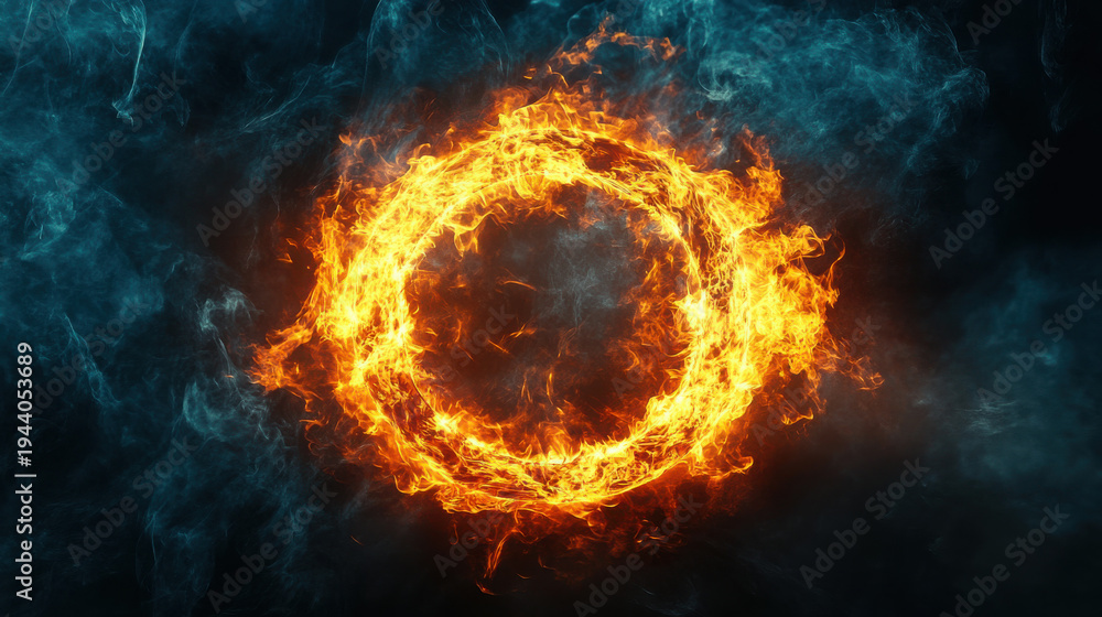 Fototapeta premium Intense circular ring of blazing orange fire engulfed in dark blue smoke creates a dramatic and powerful abstract energy visual effect background element.
