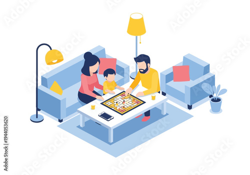Family enjoying a board game together in a cozy living room setting, fostering connection and fun