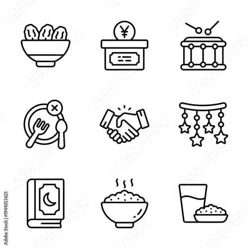 Collection of Ramadan icons including dates, donation box, drum, and meal.