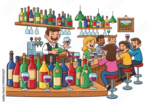 Bartender pouring wine for happy customers enjoying drinks at a lively bar counter