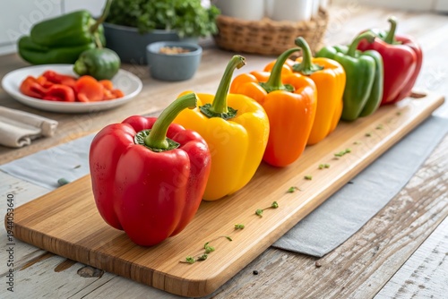 Vibrant assortment of bell peppers arranged on a wooden cutting board in a bright kitchen setting