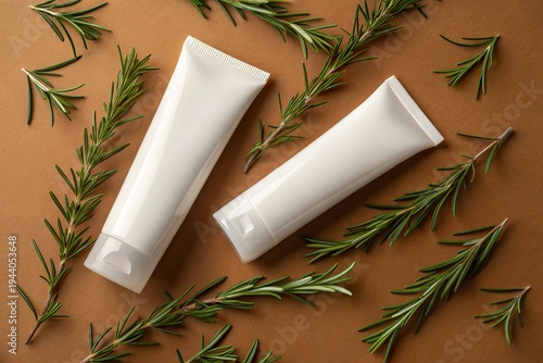 Two white cosmetic tubes placed on a brown background surrounded by fresh rosemary sprigs