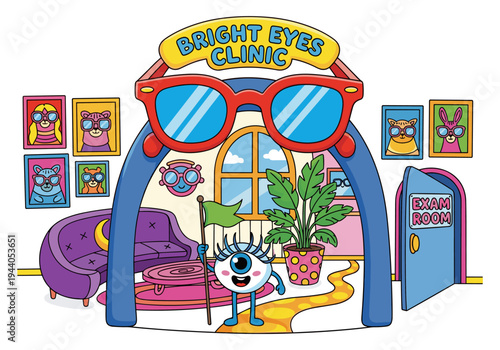 Bright Eyes Clinic cartoon illustration with anthropomorphic eye character and animal portraits