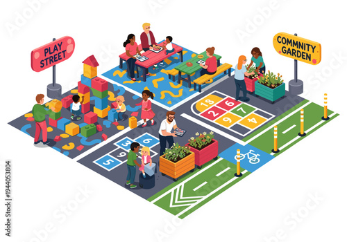 Community play street and garden with children and adults enjoying activities