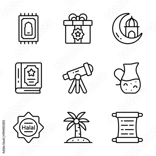 Collection of Ramadan icons including prayer rug, gift, moon, and Quran. Perfect for holiday designs.