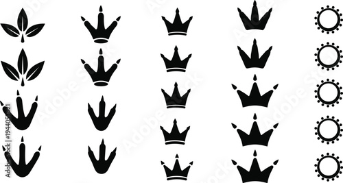 Princess crown and leaf silhouettes vector set, royal tiara icons and decorative floral elements black silhouette collection design