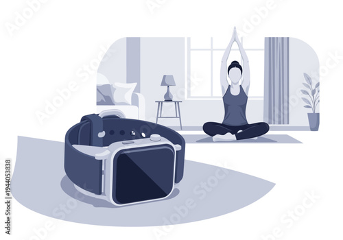 Woman practicing yoga indoors with a smartwatch in the foreground, promoting healthy lifestyle and technology integration